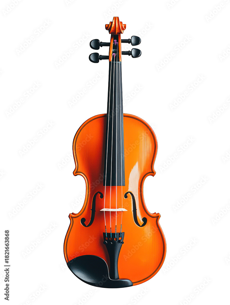 Fototapeta premium Frontal view of a well-lit, reddish-brown violin on a plain black background