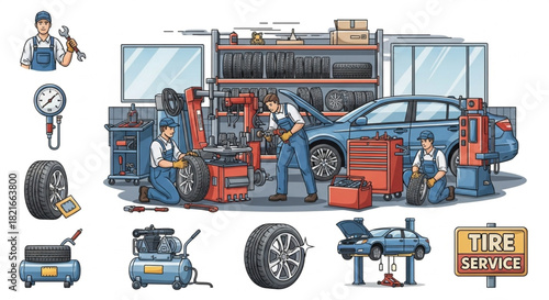 Auto Mechanic Tire Service and Car Repair Vector Illustration Set