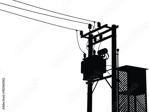 Silhouette vector illustration of electrical distribution transformer pole with power lines, utility structure, high voltage equipment, industrial energy infrastructure design.