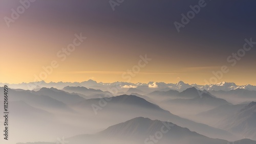 Misty Mountain Ranges at Golden Hour, Serene Landscape
