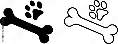Dog Bone and Paw Print Vector Icons, Solid Silhouette and Outline Clipart Set