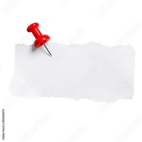 Red Push Pin Holding Down Torn Paper on a White Background for Notes or Remin...