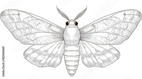 Detailed Black and White Moth Illustration. Hand-drawn Insect with Spread Wings, Elegant Nocturnal Creature Art.