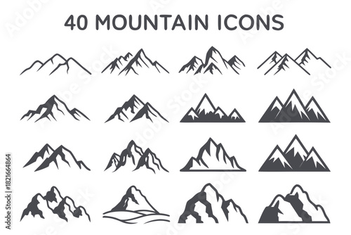 Collection of 40 stylized mountain range icons in dark gray mountains