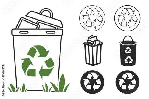 Recycling bin with grass and various recycling symbols and bins recycle trash can