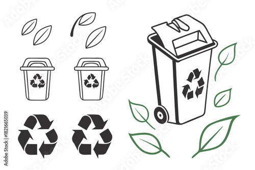 Recycling Bins and Leaves Icons with Recycling Symbol Keywords: recycling, bin, trash can, garbage