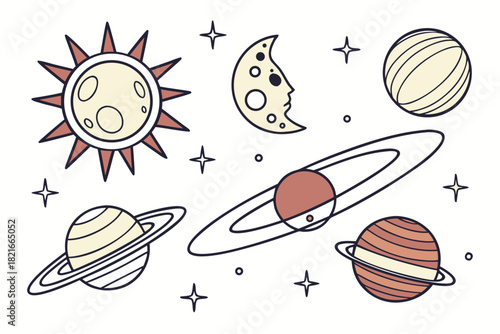 Stylized Celestial Bodies and Planets on White Background space moon