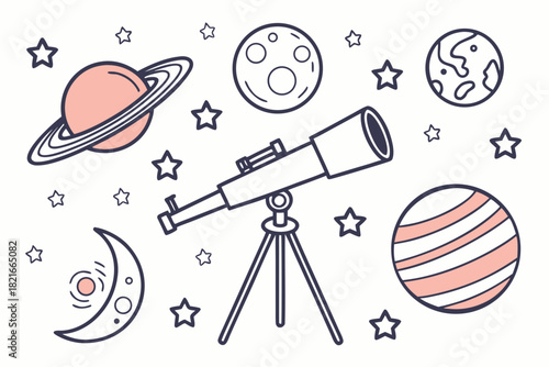 Cartoon Space Objects and Telescope on White Background planet saturn