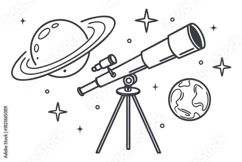 Telescope and Planets Illustration on White Background saturn earth