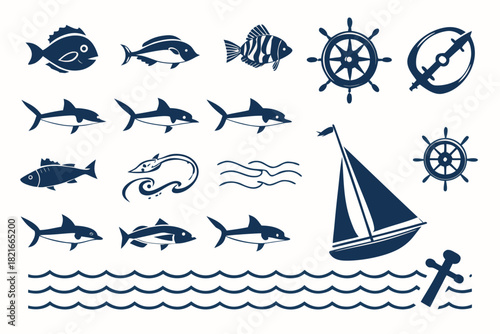 Nautical Icons With Sailboat Fish Compass Ship Wheel And Anchor On Waves vector illustration