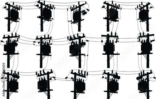 Silhouette illustration showing multiple interconnected utility poles with electrical transformers and power lines forming a repeating industrial energy distribution pattern design