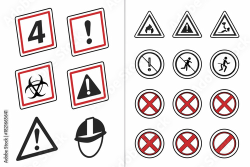 Collection of Warning and Prohibition Signs and Safety Symbols Keywords: warning signs, prohibition