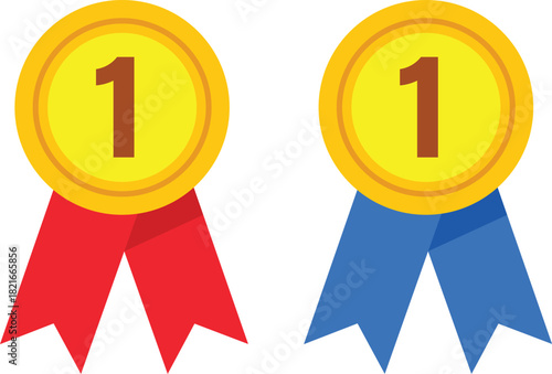 Two first place gold medals with red and blue ribbons award winner vector