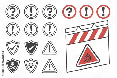 Set of Warning and Security Icons with Cautionary Symbols and Shields alert danger