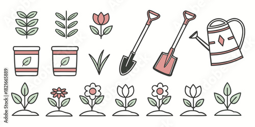 Gardening Tools and Plants Icons with Watering Can and Shovels flowers