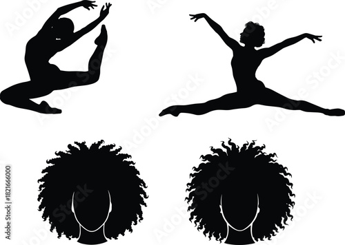 Silhouettes of dynamic female dancers performing high leaps and splits alongside dramatic portraits of women with afro curly hair, emphasizing artistic movement, Black beauty