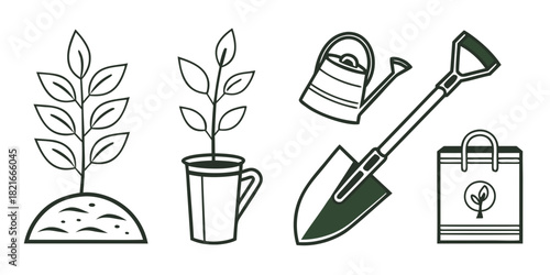 Gardening Tools and Plant Icons Set on White Background seedling sprout