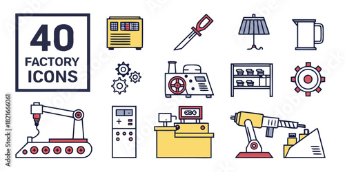 Group of 40 Factory and Industrial Icons with Red and Yellow Accents Keywords: factory, industrial