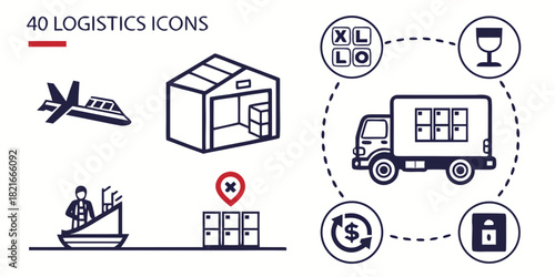 Diverse Logistics and Shipping Icons Arranged on White Background airplane warehouse