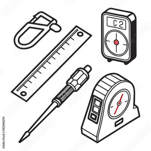 Collection of measuring tools including ruler caliper and two gauges measuring tape