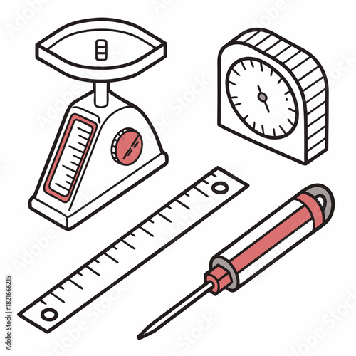 Set of measuring instruments including scale ruler and screwdriver weighing scale
