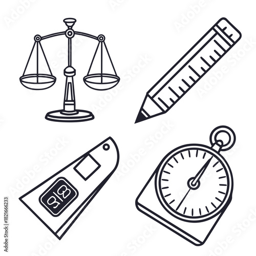 Set of four measuring and weighing instruments in outline style scale ruler