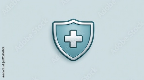Flat vector illustration of a shield icon featuring a medical cross in the center. Health and safety concept.
