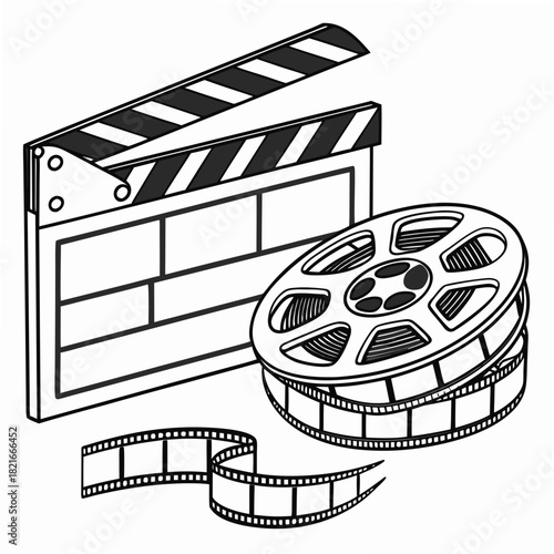 Black and White Film Reel and Clapperboard Illustration Keywords: film, movie, cinema, clapperboard