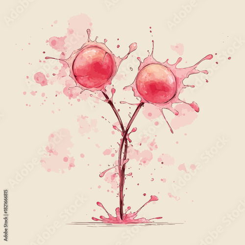Dynamic watercolor splash of abstract red fruit juice on a stylized botanical stem, vibrant liquid exploding for a refreshing beverage concept.