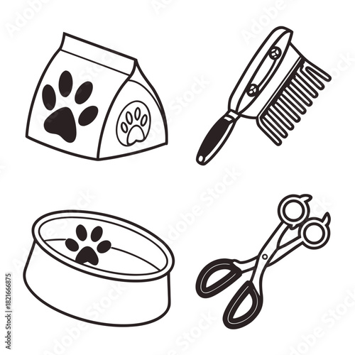 Four Black and White Icons for Pet Care and Grooming Keywords: pet, care, grooming, food, bowl
