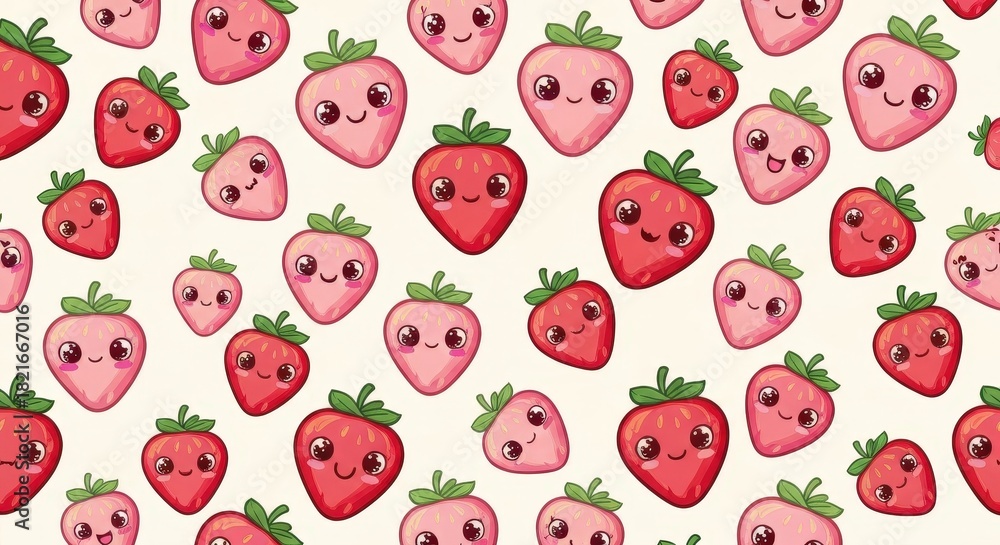 Fototapeta premium Cute and Playful Strawberry Pattern with Smiling Faces Set on a Light Cream Background