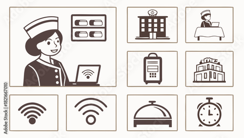 Hotel Service Icons with Receptionist Wifi and Amenities room illustration