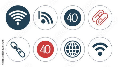 Set of eight circular icons with technology and office symbols wifi signal