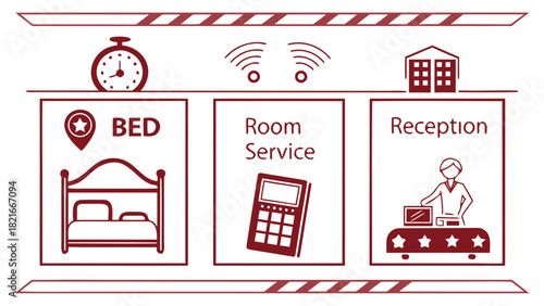 Hotel Services Icons with Bed Room Service and Reception Elements illustration