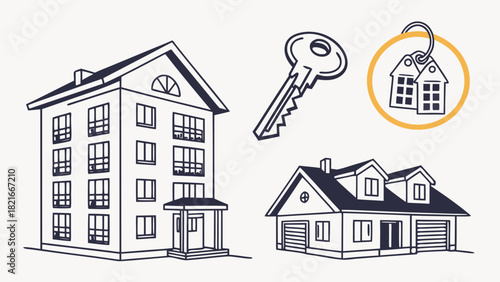 Stylized illustrations of an apartment building, a house, and keys with tags home