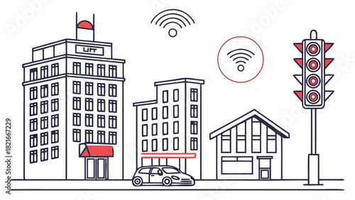 Smart City Buildings Traffic Light and Car Connected by Wifi Signals urban skyscraper