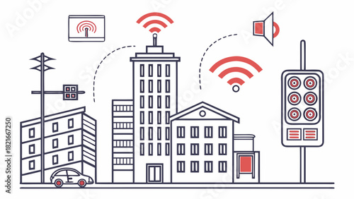 Smart City Scene with Buildings Traffic Light Car and Wifi Connectivity urban skyscraper