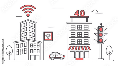 Smart City Buildings Traffic Light Car and Wifi Signal with Number 40 urban skyscraper