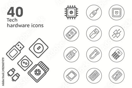 Collection of 40 Tech Hardware Icons in Outline Style Keywords: technology, hardware, icons, computer