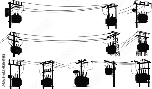 Silhouette illustration of various electrical transformers mounted on utility poles with overhead power lines representing industrial voltage distribution and energy infrastructure design