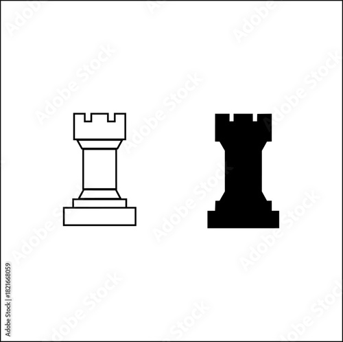 Two chess rook pieces one outline and one solid black silhouette