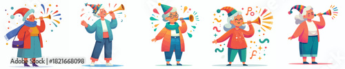 vector grandmother blowing trumpet celebrating new year