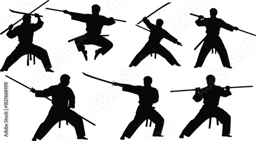 Collection of vector silhouettes of male martial arts fighters showcasing intense katana sword-fighting and defense poses, emphasizing Japanese samurai training, combat, discipline, and historical 
