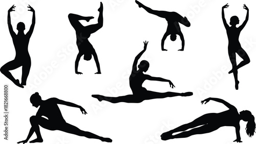 Collection of vector silhouettes of women performing complex gymnastics, ballet, and acrobatics poses, featuring splits, handstands, and dynamic stretching, 