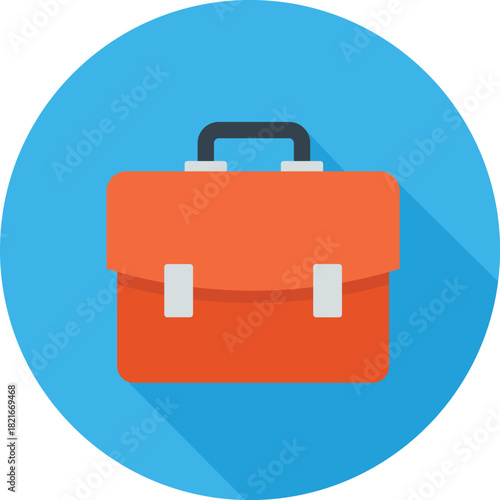 Orange briefcase with handle and clasps on blue circular background circle