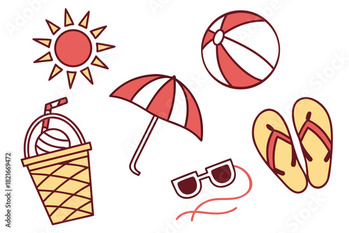 Simplified summer icons with a drink, sun, umbrella, beach ball, sunglasses, and flip flops