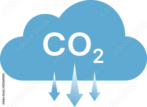 Blue cloud with CO2 text and downward arrows representing carbon dioxide vector