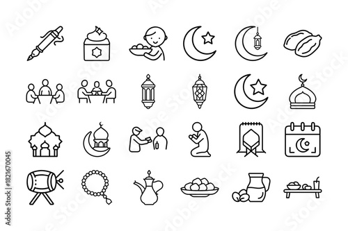 Ramadan Icon Set. Crescent Moon, Dates, Prayer, Lantern, Iftar, Mosque, Fasting, Ramadan Calendar, and More. Editable Stroke. Vector Illustration for Islamic and Ramadan Celebrations.