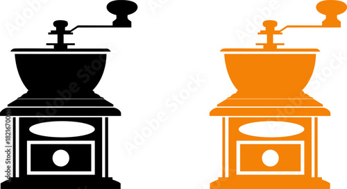 Vintage Manual Coffee Grinder Vector Icons, Black and Orange Mill Silhouette Set