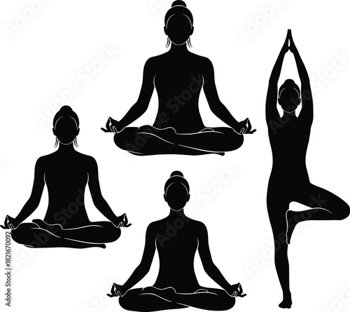 Collection of vector silhouettes of women performing yoga poses, including Lotus (Padmasana) and Tree (Vrksasana), symbolizing mindfulness, meditation, wellness, fitness, and spiritual harmony 